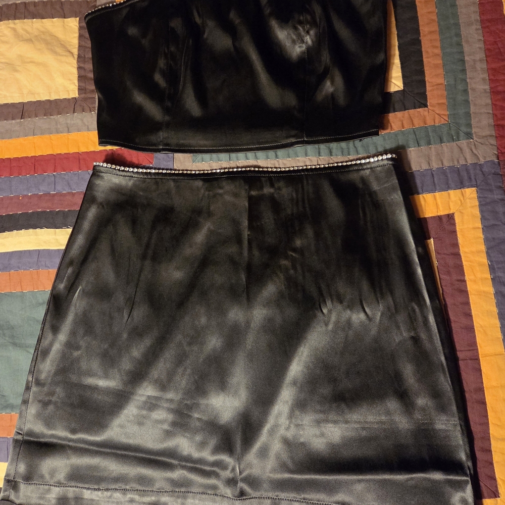 Forever 21 Black Satin Tube Top And Skirt Set